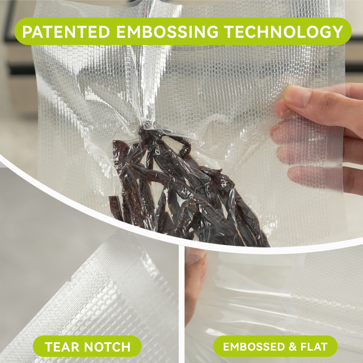 An infographic showing three unique aspects of the bags, the patented embossed pattern, the easy-open tear notch, and the one side embossed, one side flat construction.