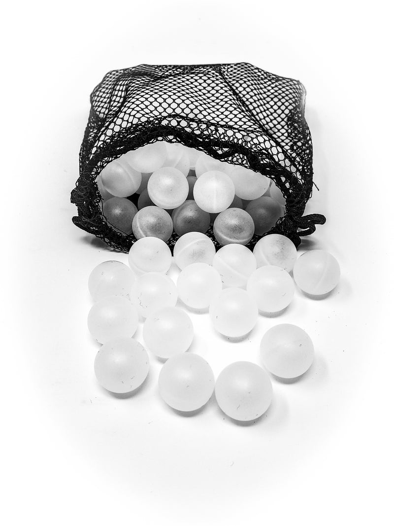 A picture of the 20mm frosted plastic balls spilling from a black mesh bag.
