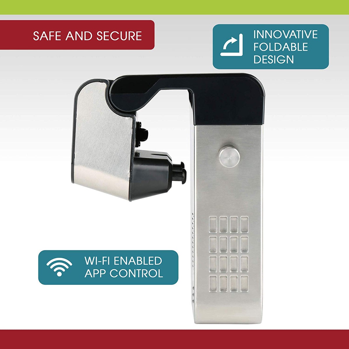 An infographic showing features of the fold-over design and Wi-Fi connectivity.