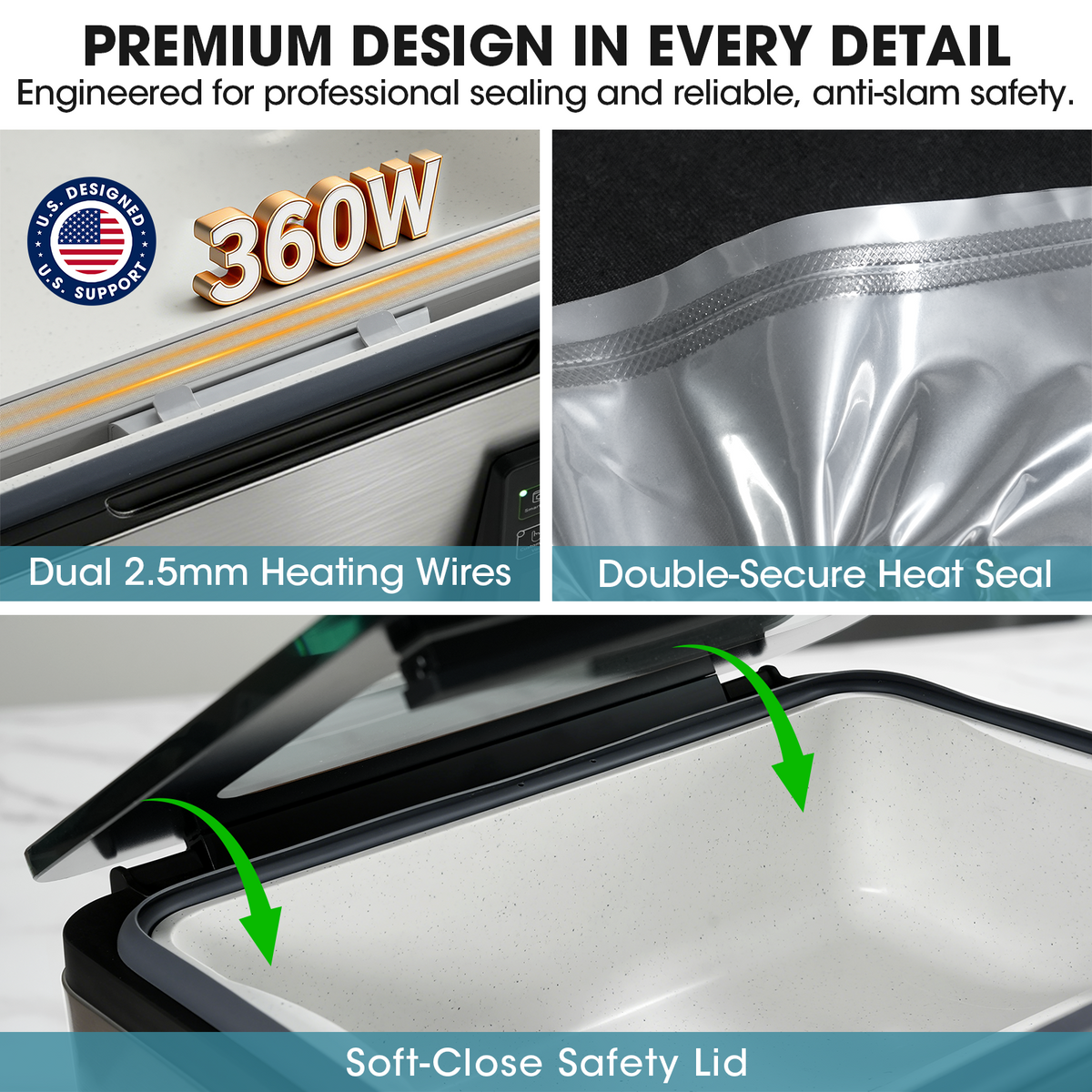 Model V513 chamber vacuum sealer's  highlighted features like 360W power, dual heating wires, and soft-close safety lid.