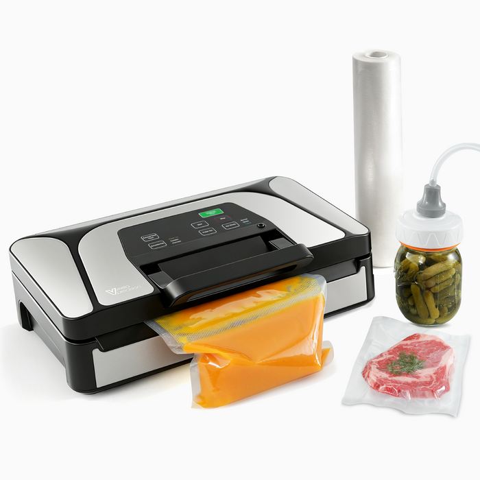 Vacuum sealer with food packaging on a white background