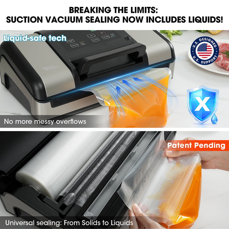 Suction vacuum sealer with liquid-safe technology on a white surface.