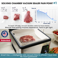 Vacuum sealer with a steak being vacuum-sealed, accompanied by text and graphics about solving chamber vacuum sealer pain points.
