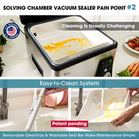 Chamber vacuum sealer with cleaning challenges highlighted and a person washing the seal bar and inner tray.