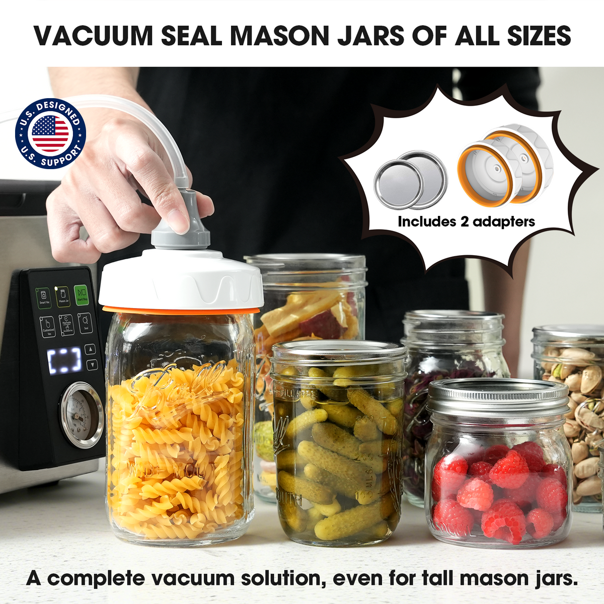 Vacuum sealing device being used on mason jars with text about vacuum sealing mason jars of all sizes.
