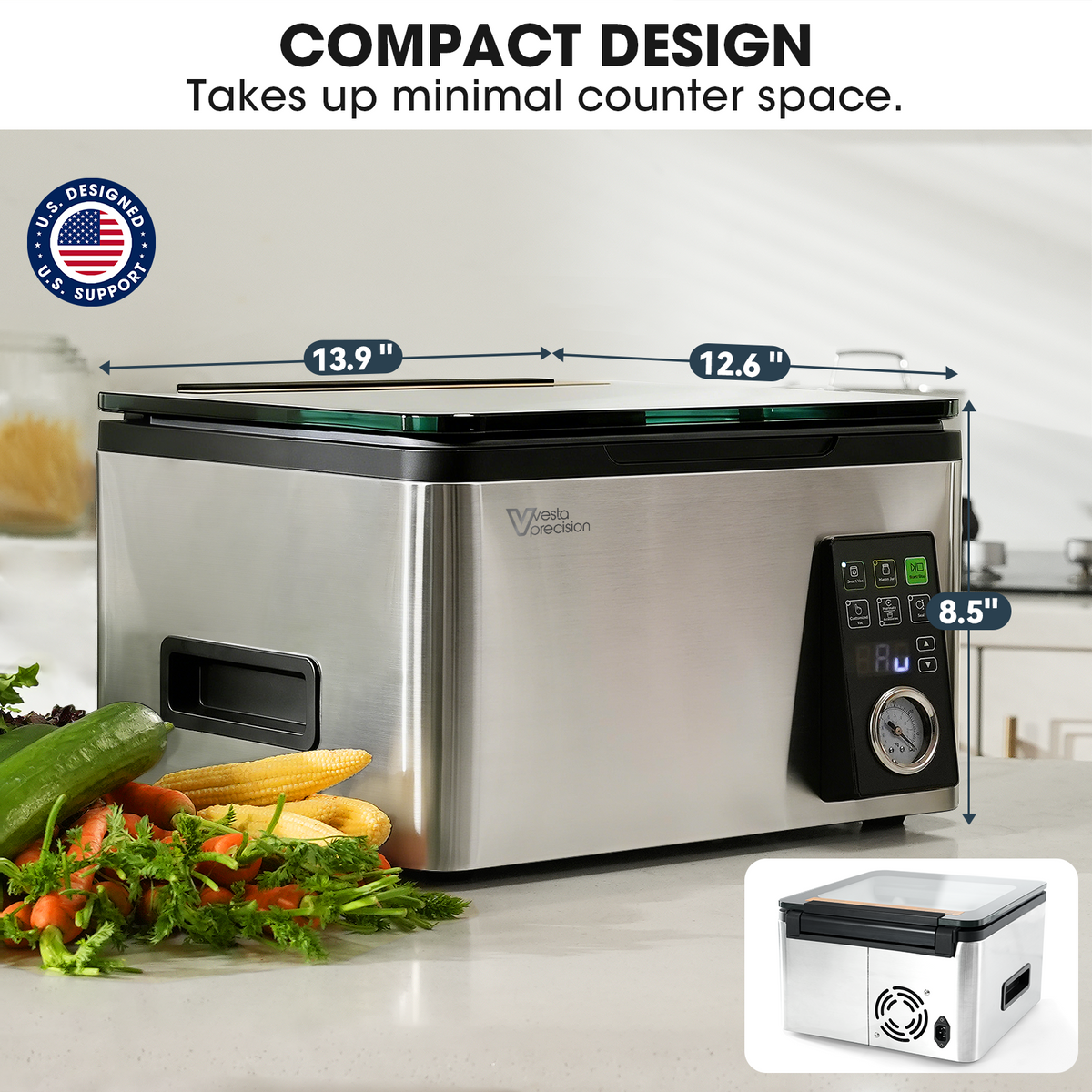 Compact vacuum sealer on a kitchen counter with dimensions displayed