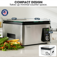 Compact vacuum sealer on a kitchen counter with dimensions displayed