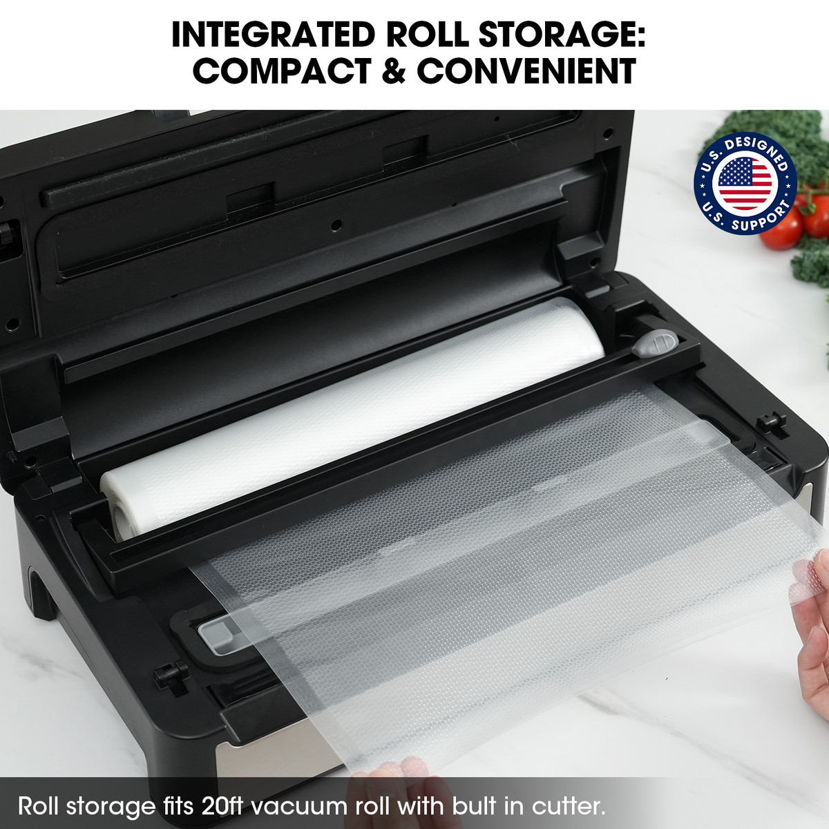 Black vacuum sealer with integrated roll storage on a white background