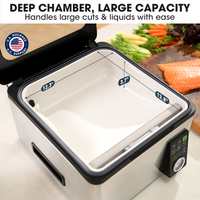 Picture of the deep chamber with dimensions for handling large cuts and liquids, shown on a kitchen counter with vegetables and salmon.