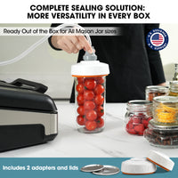 Person using a sealing device on a Mason jar filled with tomatoes, with text about versatility and adaptability.