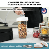 Mason jar sealing solution with a hand holding a jar filled with nuts, surrounded by additional jars and sealing equipment.
