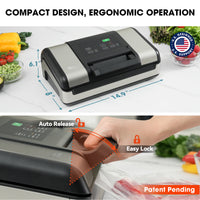 Vacuum sealer with dimensions and features highlighted on a kitchen counter.