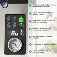Control panel of a vacuum sealer with digital display and gauge, featuring text on its functions.