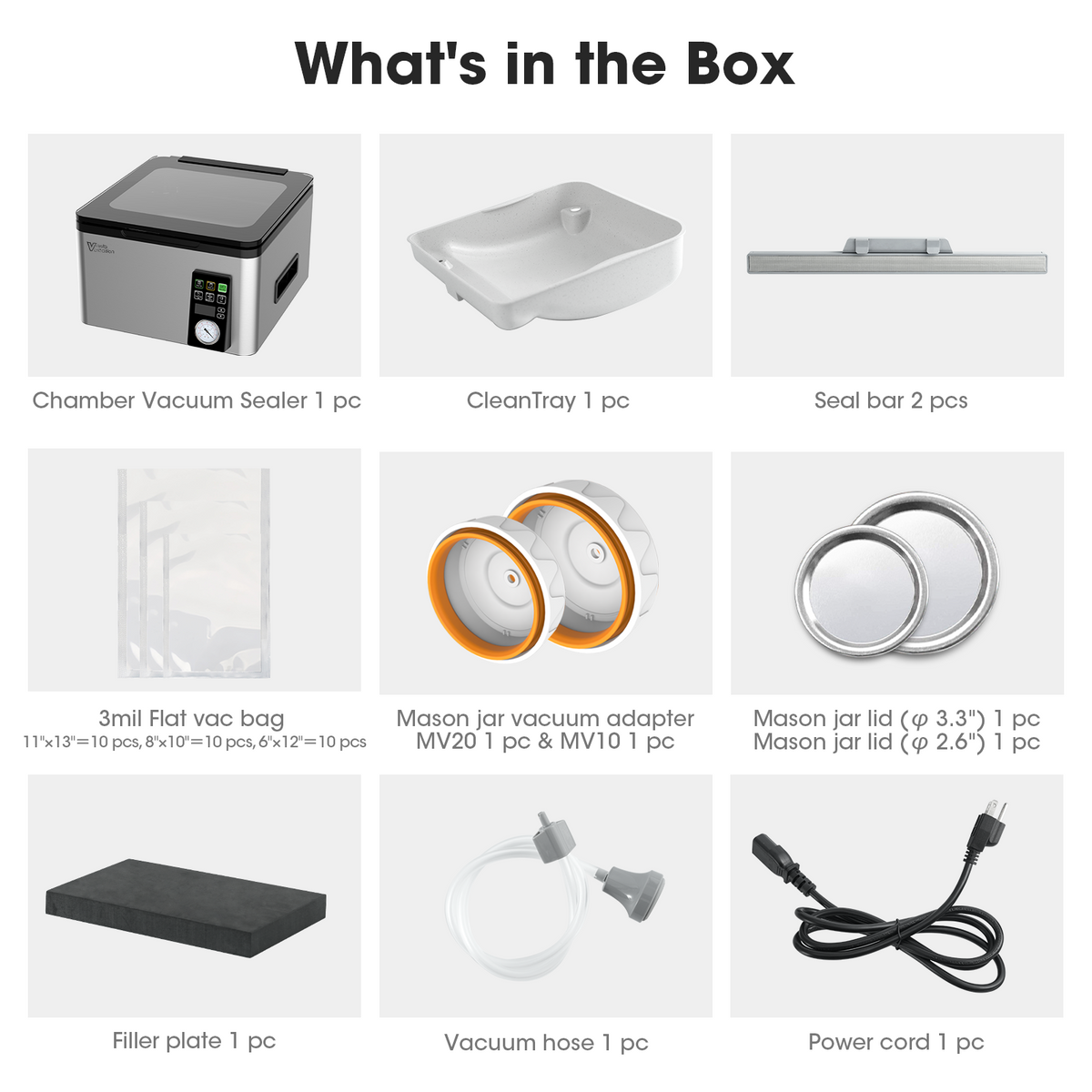 Pictures of a chamber vacuum sealer and accessories with text indicating what's included in the box.