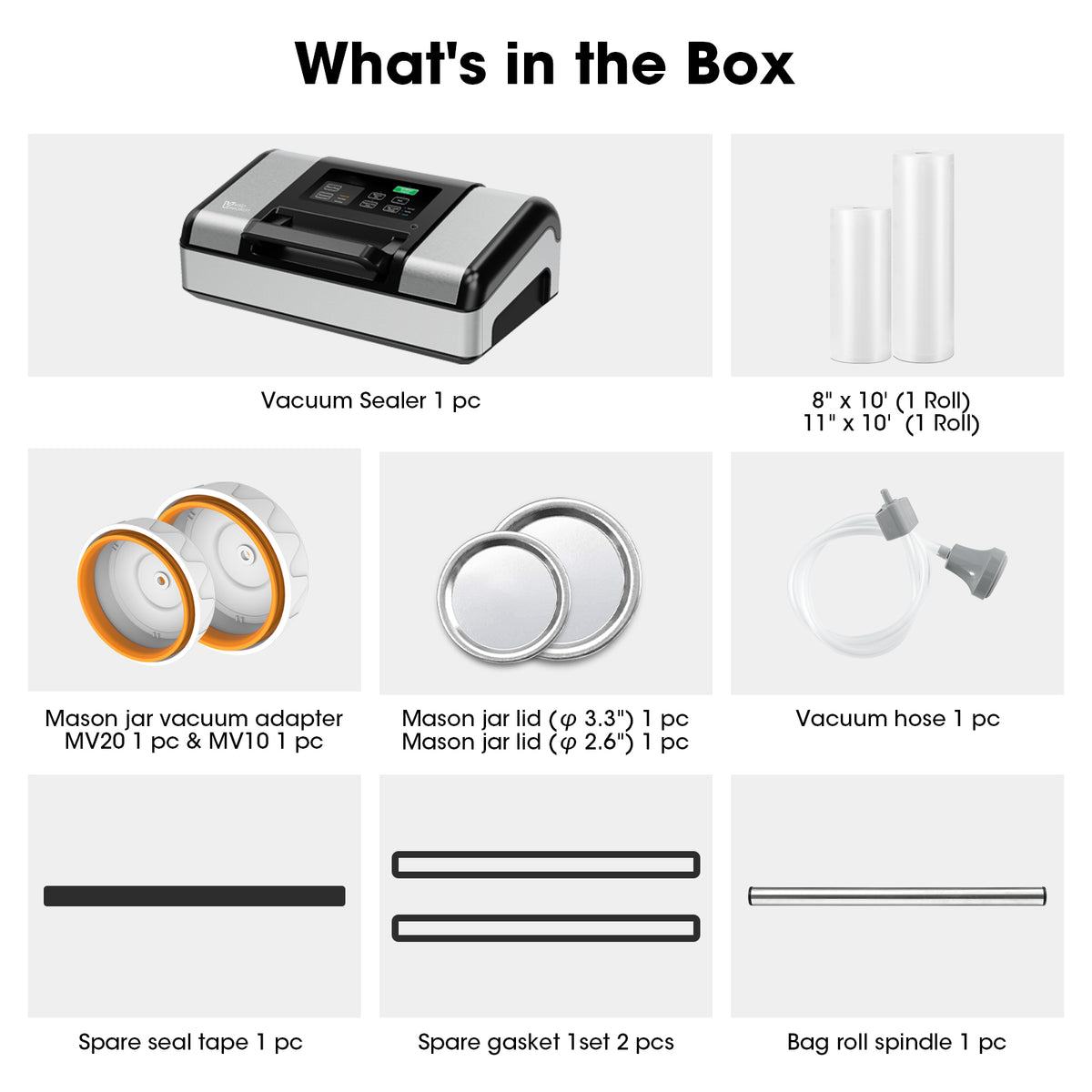 List of items included in a vacuum sealing system packaging