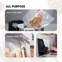 A picture showing the uses of vacuum seal - freezer, microwave, and sous vide cooking.