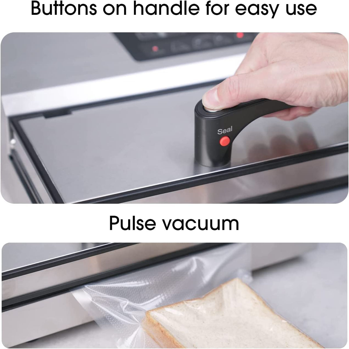 A picture showing the pulse vacuum button on the handle of a vacuum sealer.