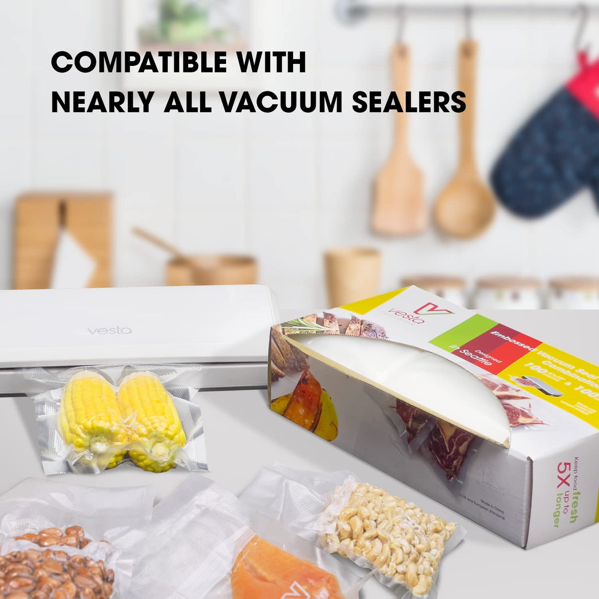 A picture describing the compatibility of the boxed vacuum seal bags with other vacuum sealers.