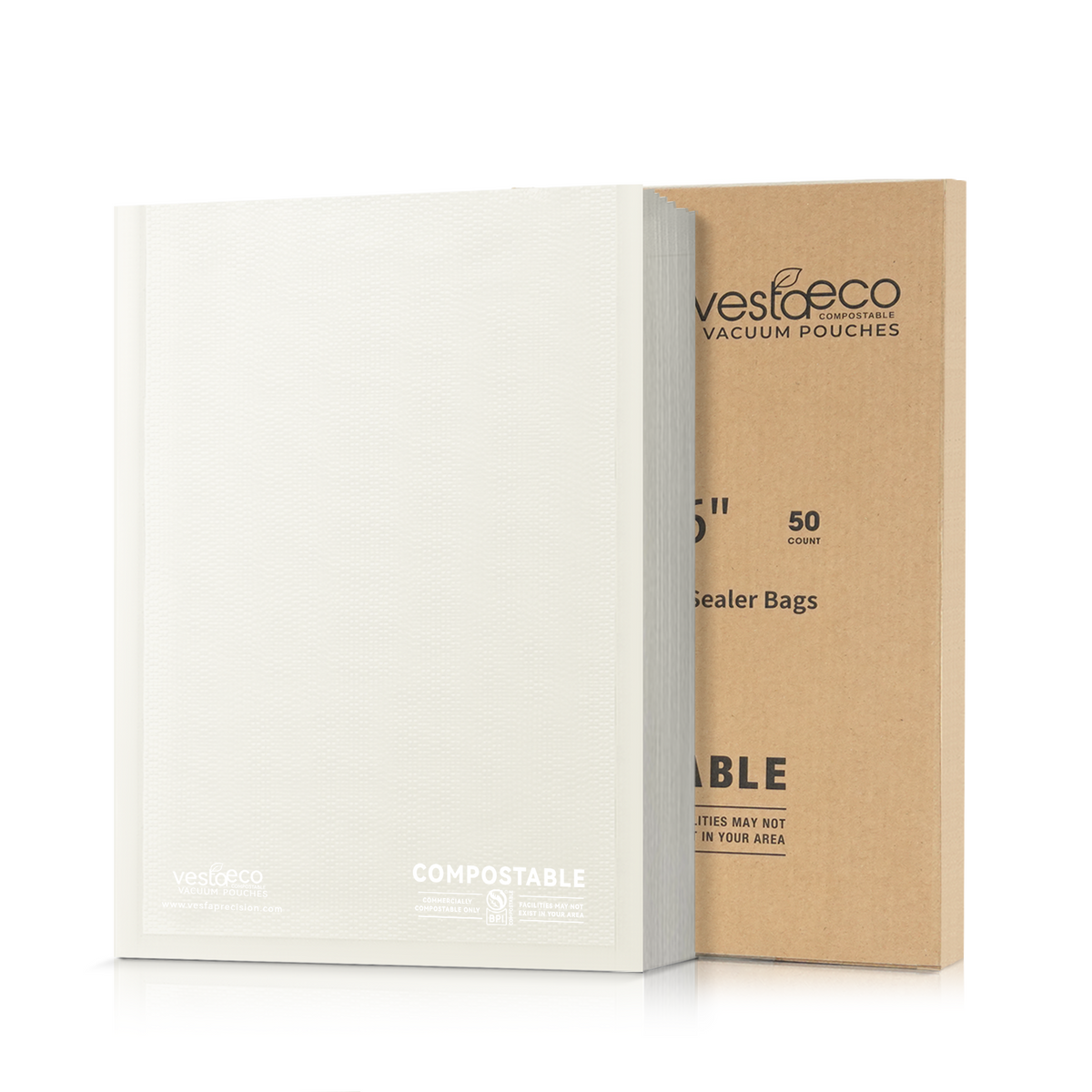 Stack of 1x16 inch compostable vacuum seal bags standing against the brown cardboard box.