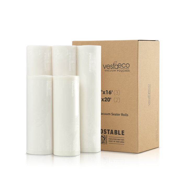 A picture showing the three 11-inch by 16 feet and two 8-inch by 20 feet VestaEco certified commercially compostable vacuum seal rolls. The plain brown product box is in the background.