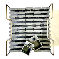 A picture of the light grey 55mm cube ice molds and stainless steel frame.
