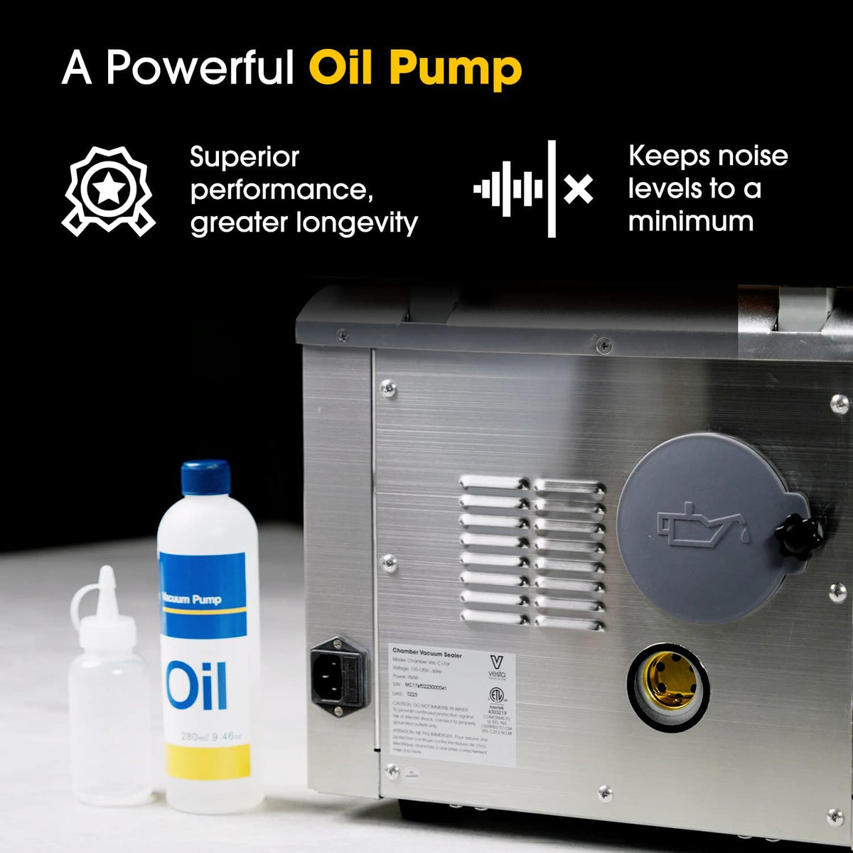 A picture outlining the benefits of an oil pump chamber vacuum sealer. 
