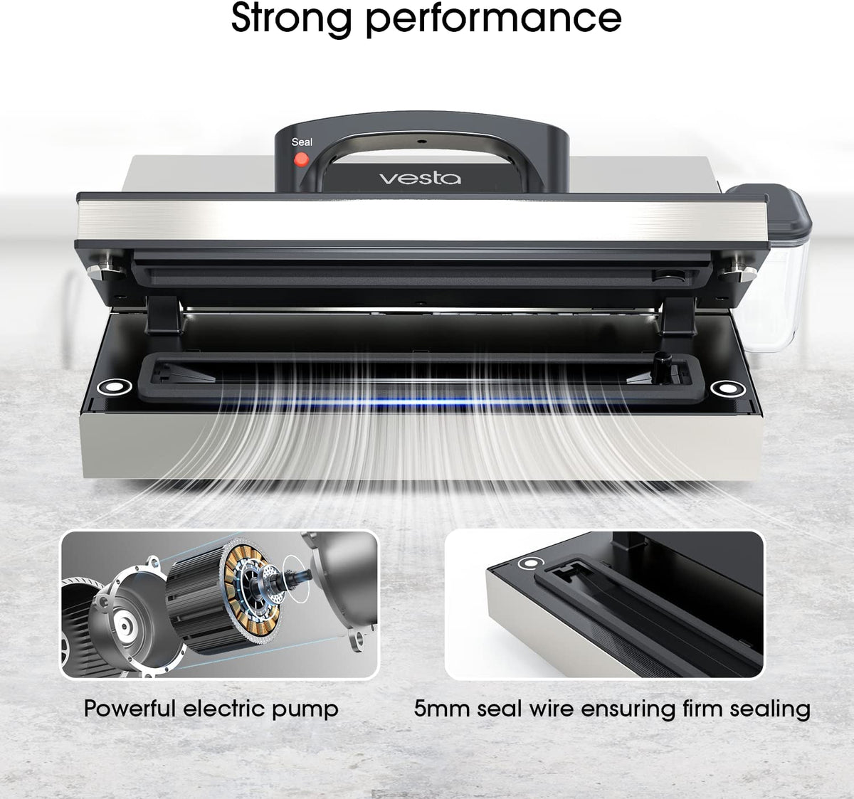 A picture explaining the strong suction of the Vac 'n Seal Pro series vacuum sealers. 