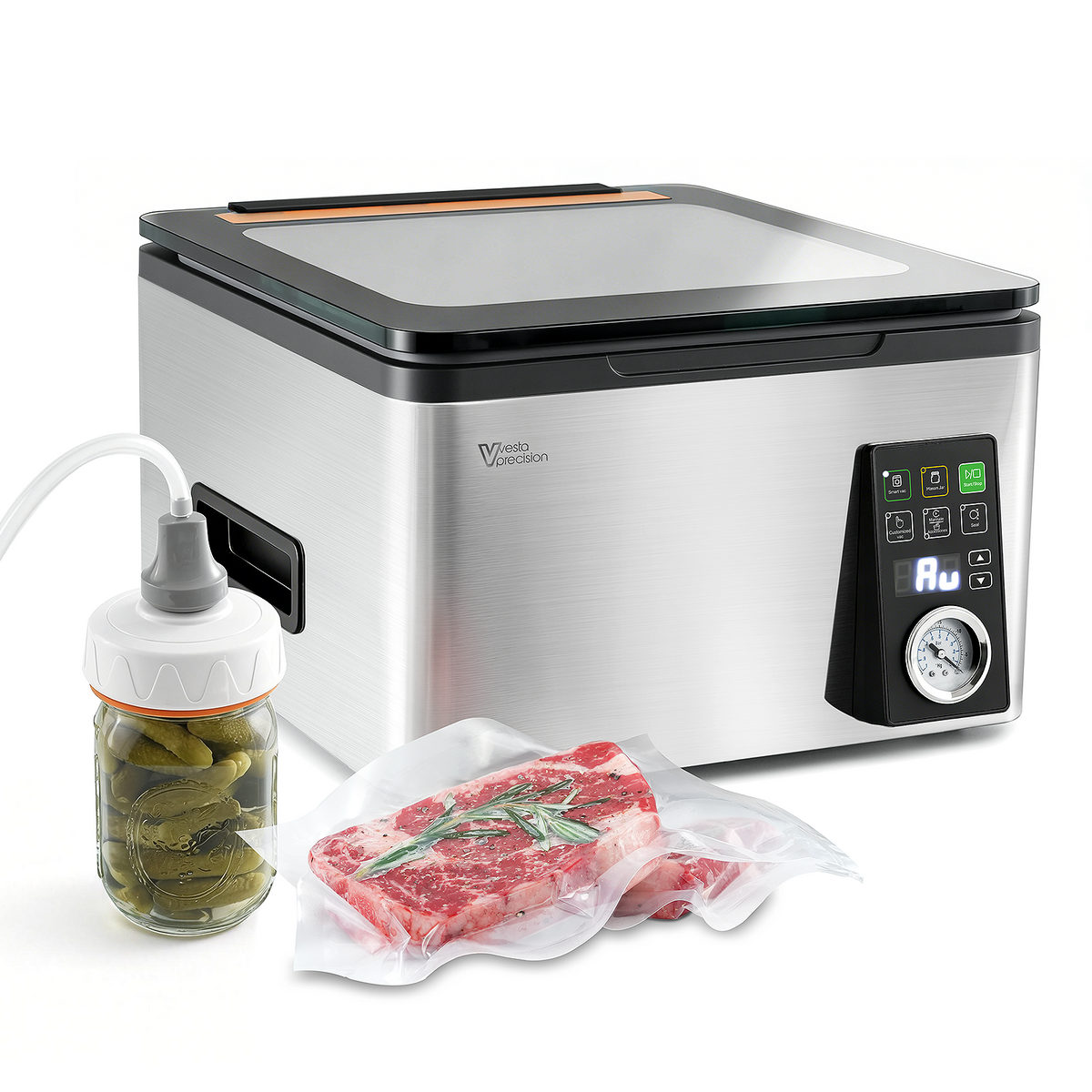 A picture showing a silver and black box-style chamber vacuum sealer with a glass lid and a vacuum adapter on a mason jar with pickles and some vacuum-packed meat next to it. 