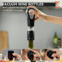 I picture showing how to use the new wine bottle stopper. It has three positions - Lock to hold vacuum, Vacuum to allow the vacuum of the bottle, and Unlock to release the vacuum. 