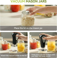 I picture showing how to use the new mason jar lids with the Handheld Vac 'n Seal.  Place lid on filled jar, Place Handhheld Vac 'n Seal over valve in top of lid, and press the button to activate thr Handheld Vac 'n Seal to vacuum the jar.