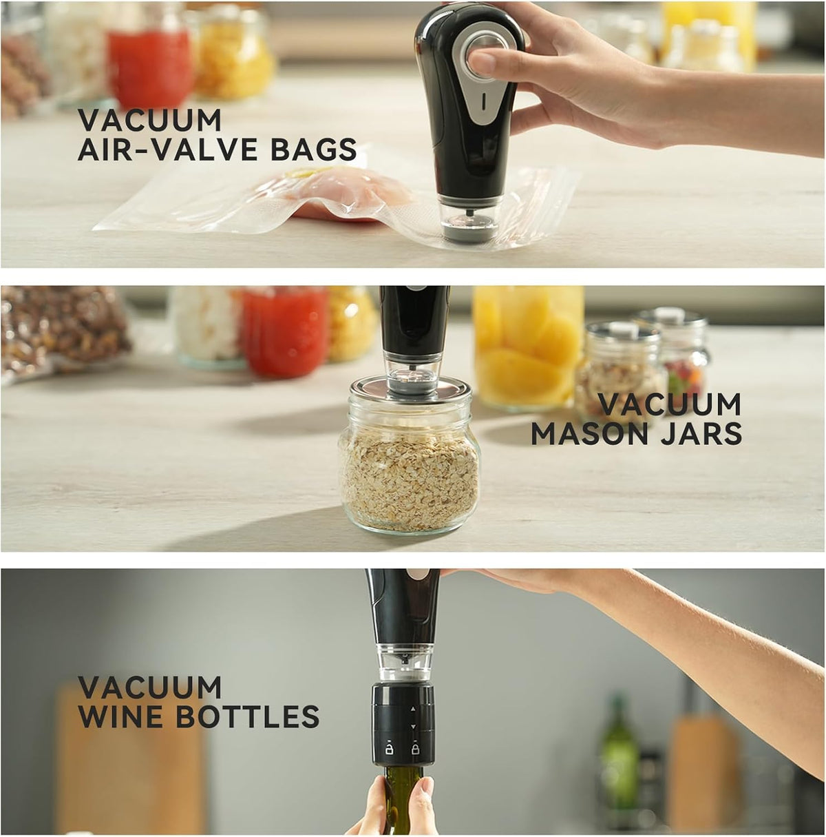 A picture split horizontally in three section showing the Handheld vac 'n Seal vacuuming a bag, a mason jar, and a wine bottle. 