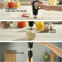 A picture split horizontally in three section showing the Handheld vac 'n Seal vacuuming a bag, a mason jar, and a wine bottle. 