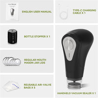 An infographic showing the contents of the new Handheld Vac ';n Seal combo pack. An english user manual, a bottle stopper, six mason jar lids, 5 valve vacuum bags, a USB-C charging cable, and the Handheld Vac 'n Seal. 
