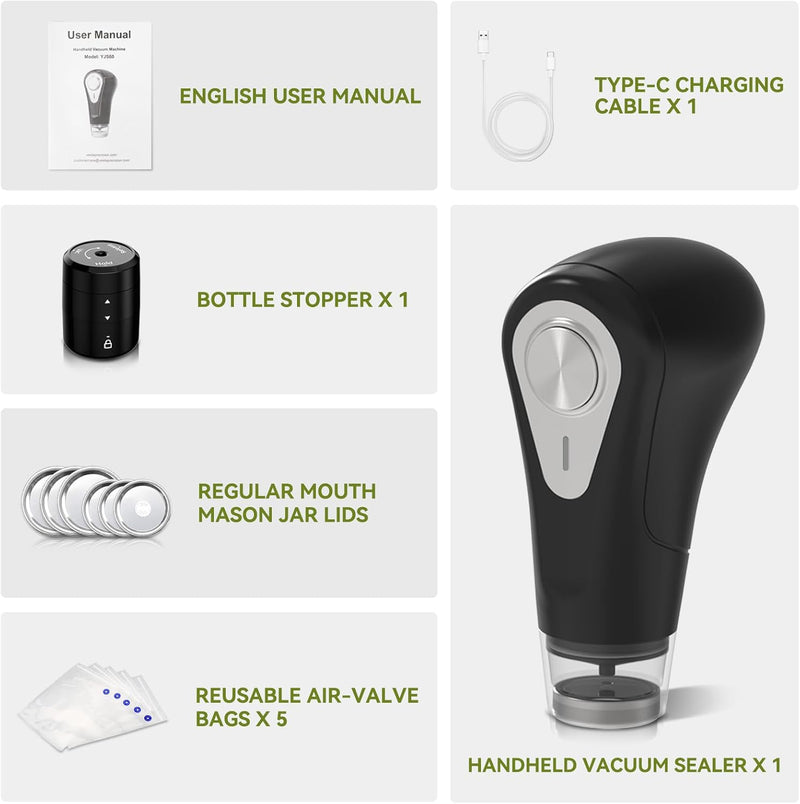 An infographic showing the contents of the new Handheld Vac ';n Seal combo pack. An english user manual, a bottle stopper, six mason jar lids, 5 valve vacuum bags, a USB-C charging cable, and the Handheld Vac 'n Seal. 