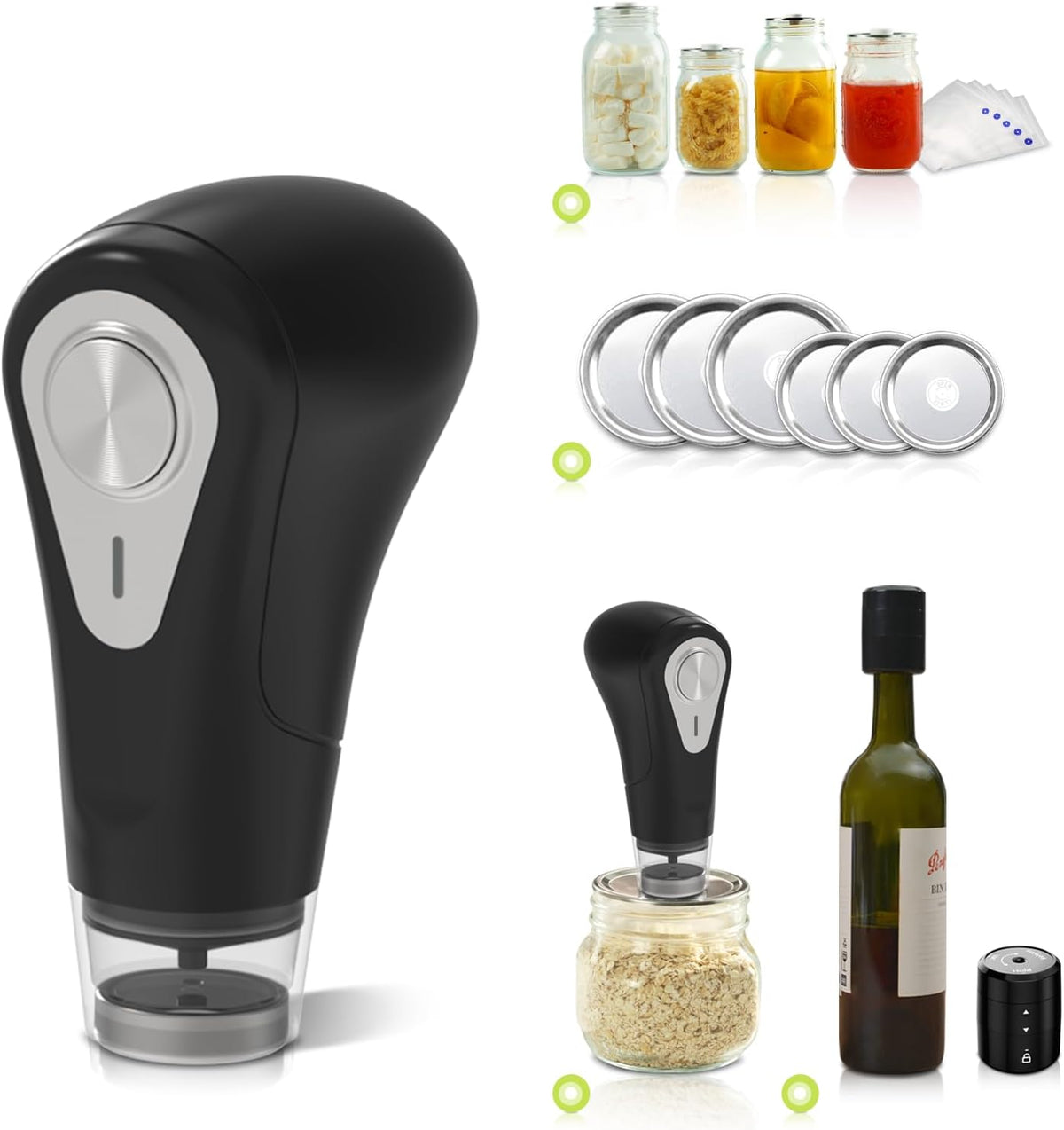 I picture showing the contents of the new Handheld Vac 'n Seal combination pack - a handheld vacuum, 5 bags, 6 lids, and a bottle stopper. 