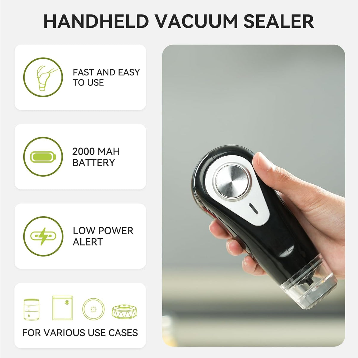 An infographic of the features of the Handheld vac 'n Seal. 
