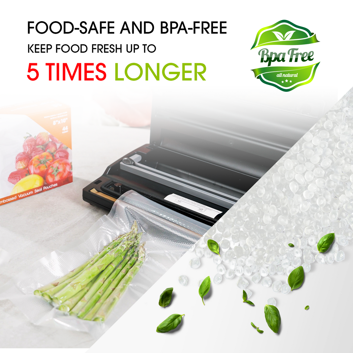 An infographic describing the bags and rolls are food safe and BPA-free. 