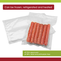 A picture of a vacuum seal bags with carrots, describing these can be frozen, refrigerated, and heated. 