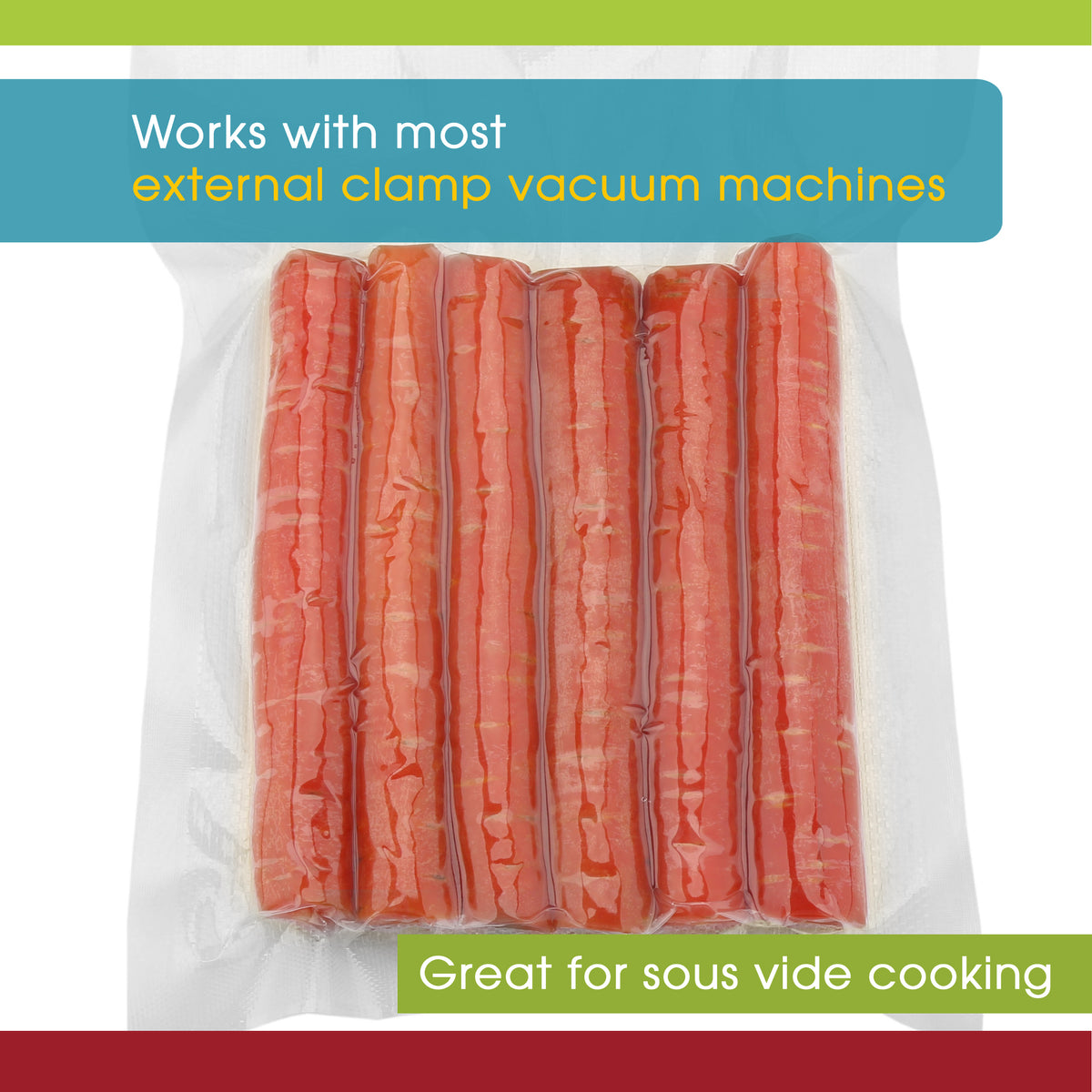 A picture of a vacuum bag with carrots, describing these bags with other brands of vacuum sealers and can be used for sous vide cooking.