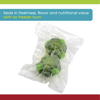 A picture of a vacuum seal bag with broccoli, describing features, such as no freezer burn.