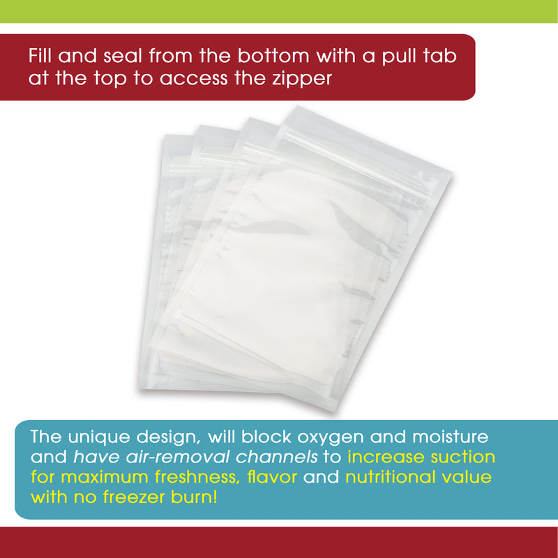 An infographic stating "Fill and seal from the botton with a pull tab at the top to access the zipper. This unique design will block oxygen and moisture and have air-removal channels to increase suction for maximum freshness, flavor and nutritional value with no freezer burn". 