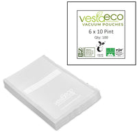 A picture of a stack of 100 6x10 inch VestaEco certified commercially compostable embossed vacuum seal bags.