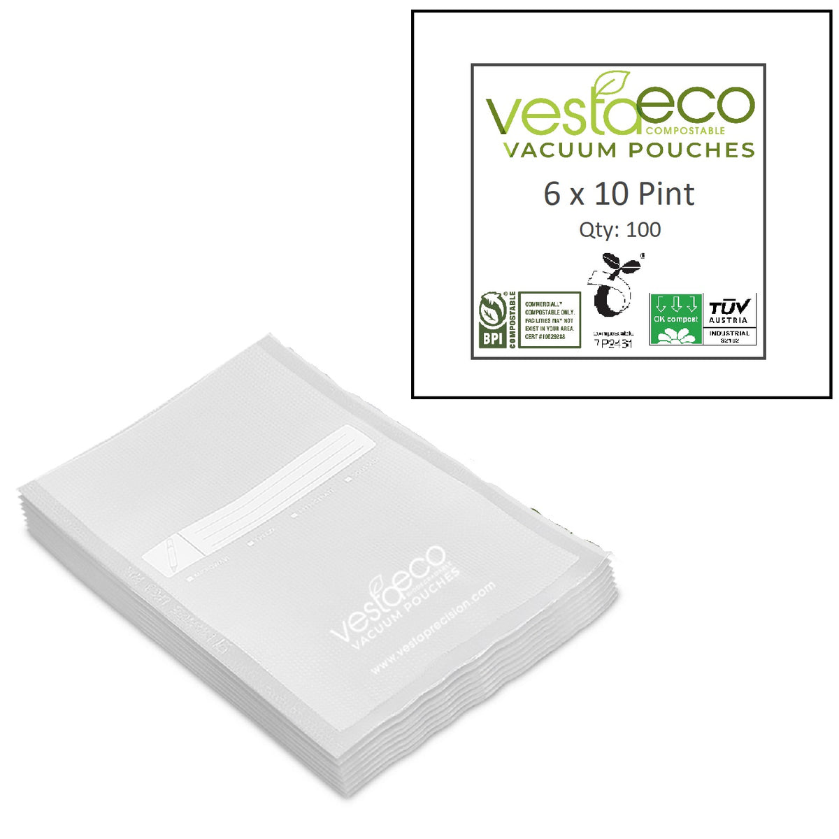 A picture of a stack of 100 6x10 inch VestaEco certified commercially compostable embossed vacuum seal bags.