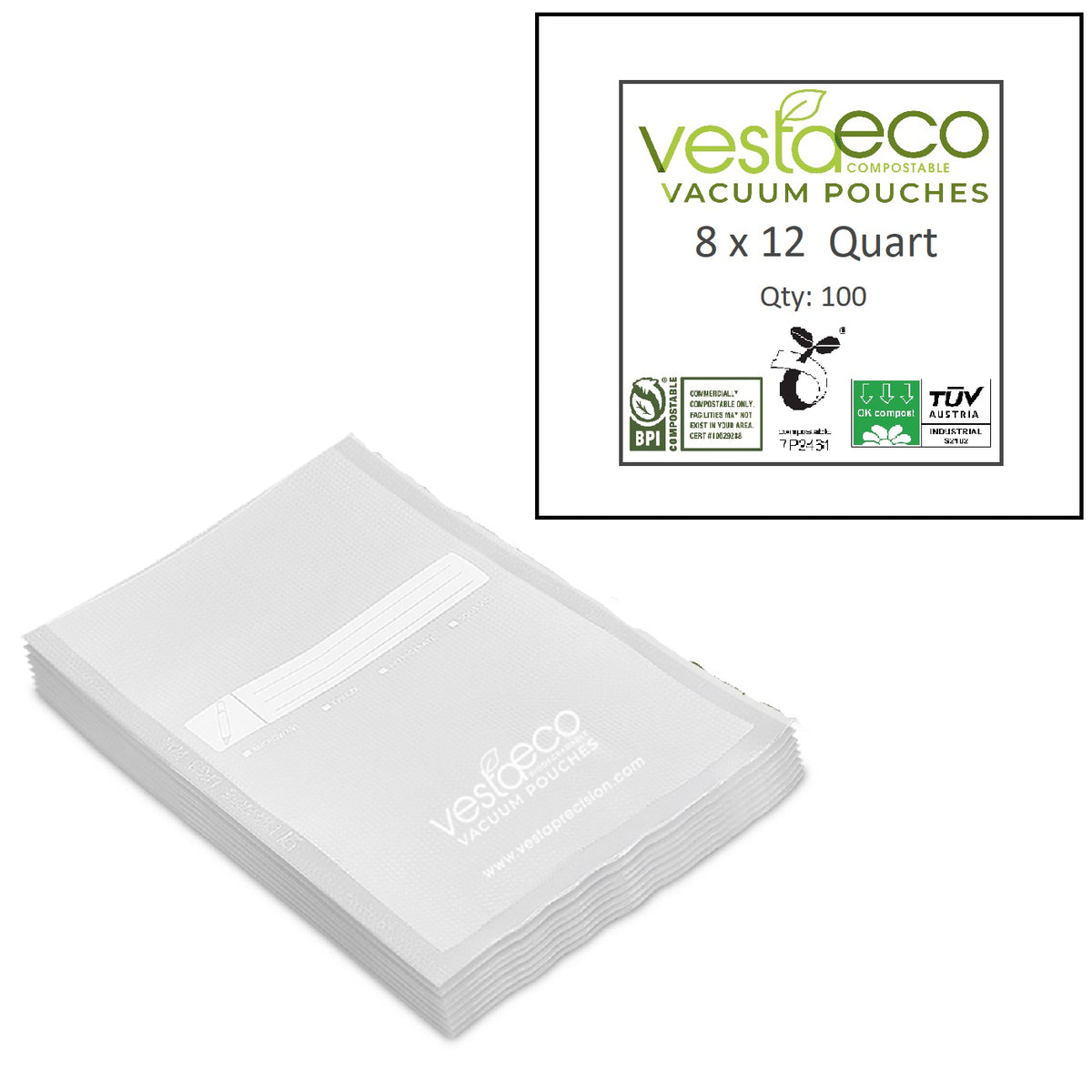 A picture of a stack of 100 8x12 inch VestaEco certified commercially compostable embossed vacuum seal bags.