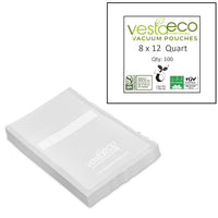 A picture of a stack of 100 8x12 inch VestaEco certified commercially compostable embossed vacuum seal bags.