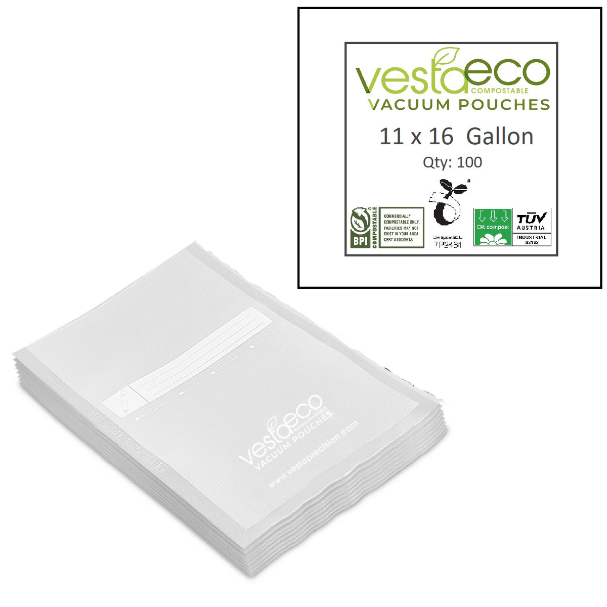 A picture of a stack of 100 11x16 inch VestaEco certified commercially compostable embossed vacuum seal bags.