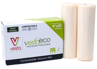 A picture of the box and two rolls of 8-inch by 20 foot VestaEco certifiec commercially compostable embossed vacuum seal material.
