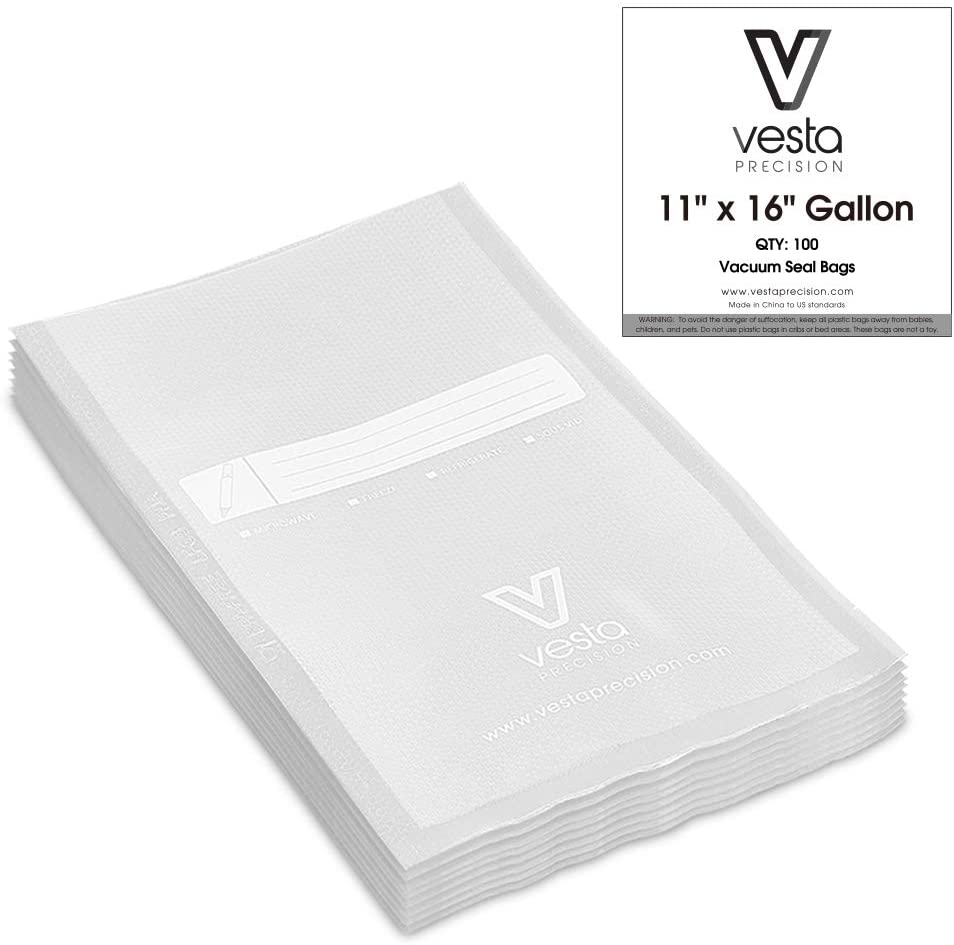 A picture of a stack of 11x16-inch Vesta Precision embossed vacuum seal bags.