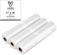 A picture of three rolls of 11-inch by 16 foot embossed vacuum seal rolls.