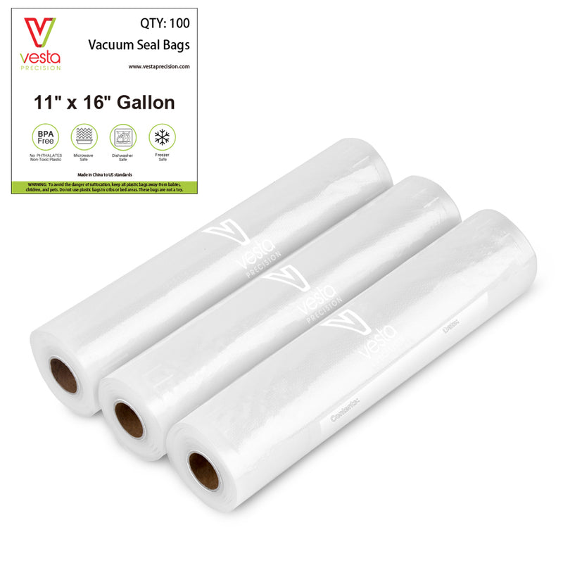 A picture of three rolls of 11-inch by 16 foot embossed vacuum seal rolls.